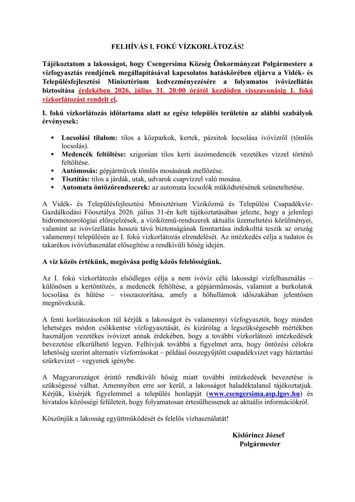 I. FOKÚ VÍZKORLÁTOZÁS
